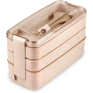 Stackable Bento Box, 3-In-1 Compartment - Wheat Straw, Leakproof Bento Lunch Box Meal Prep Containers, Khaki