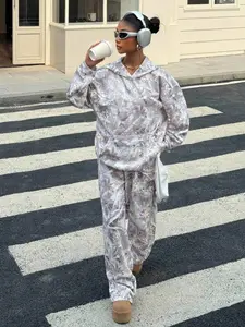 Women's Casual Fall Winter Hoodie Set, Camouflage Print, Elastic Waist Pants, Loose Fit, Thick Fabric, Daily Wear