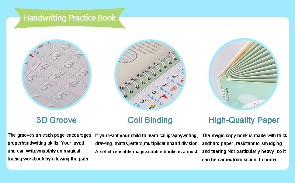Magic Grooved Handwriting Practice Copybooks 5-Pack for Kids Ages 3-8 Reusable Tracing Workbooks with Pens Montessori Early Learning Letter Number Tracing Math Drawing Preschool Educational Gift