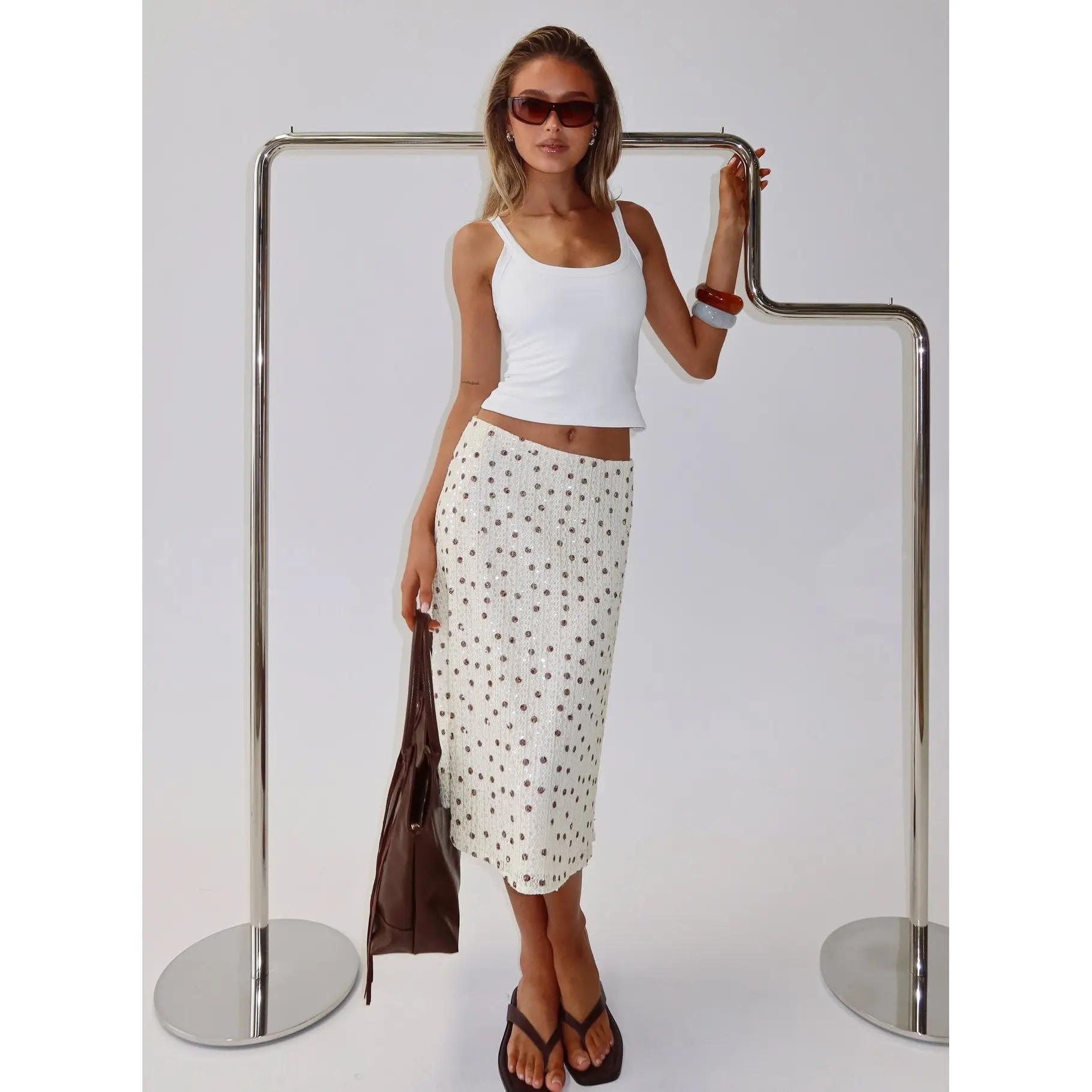 Olila Sequin Midi Skirt White Polka Dot