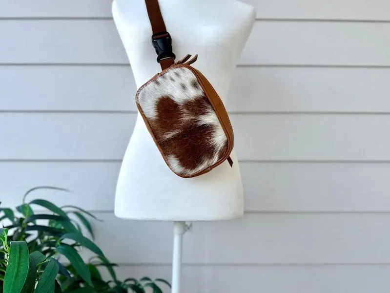 Western Cowhide Leather Fanny Pack Sling Bag Crossbody Belt Bag Bum Bag Real Cow Hide Print | Gifts for her
