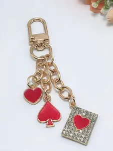 Alloy Metal Chain Bag Charm, Poker Card Heart Design, Car Keychain, Purse Decoration, Birthday Gift, Back-To-School Present, Heart Shaped Keychain