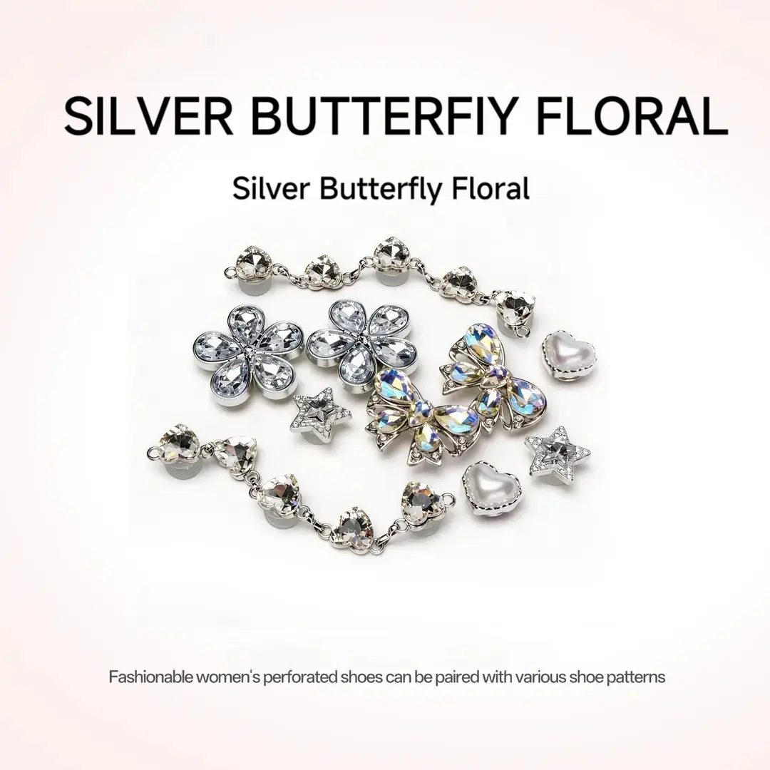 DIY Rhinestone Footwear Charms for Crocs - Silver Butterfly, Floral Bling Crystal Decor - Beach Gifts for Women - Chinese New Year, Easter Accessories, Sweet, Elegant, Shoe, Crystal Rhinestones, Childrens Day, Floral Print, Secure 45° Buckle