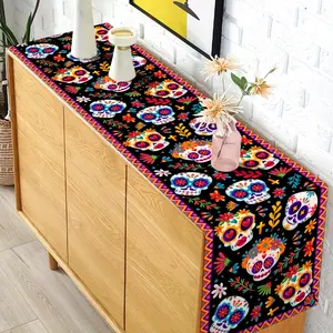 1pc Mexican Style Skull Table Runner, Vibrant Day of The Dead Design with Floral Patterns, Perfect for Halloween, Family Gatherings, And Party Decor, Tabletop Protection | Colorful Burlap Dresser Scarf | Decorative Runner, Mexican Home Deco