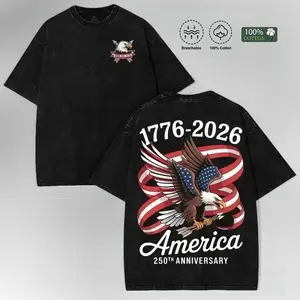 Menswear USA 1776 Patriotic Short-Sleeve Cotton Round Neck T-Shirt, American Eagle Graphic Tee, Vintage Washed Breathable Unisex Oversized Casual Top, 4th of July Vacation Outfit everyday summer clothes