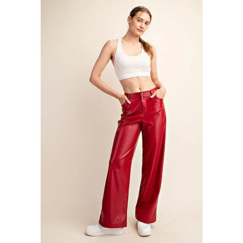 PU Leather Straight Pants Dark Red