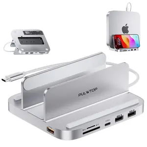 PULWTOP Mac Mini Hub with M.2 SSD Enclosure, 8-in-1 Vertical Mac Mini Dock Stand with USB A/C 3.2 10Gbps, 2 x USB A 2.0, SD/TF Slots, 3.5mm Audio Mic Jack for M1 M2 (NOT for M4 2024)