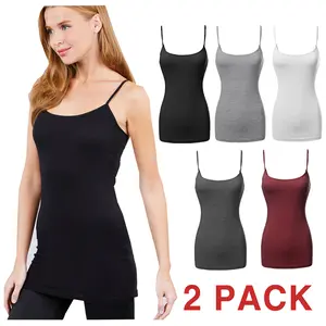 [2 PACK] Women Cotton Cami Yoga Tank Top Long Layering Comfortable Soft Casual Basic Camisole Adjustable Spaghetti Strap Plain Plus Size (S-3XL)