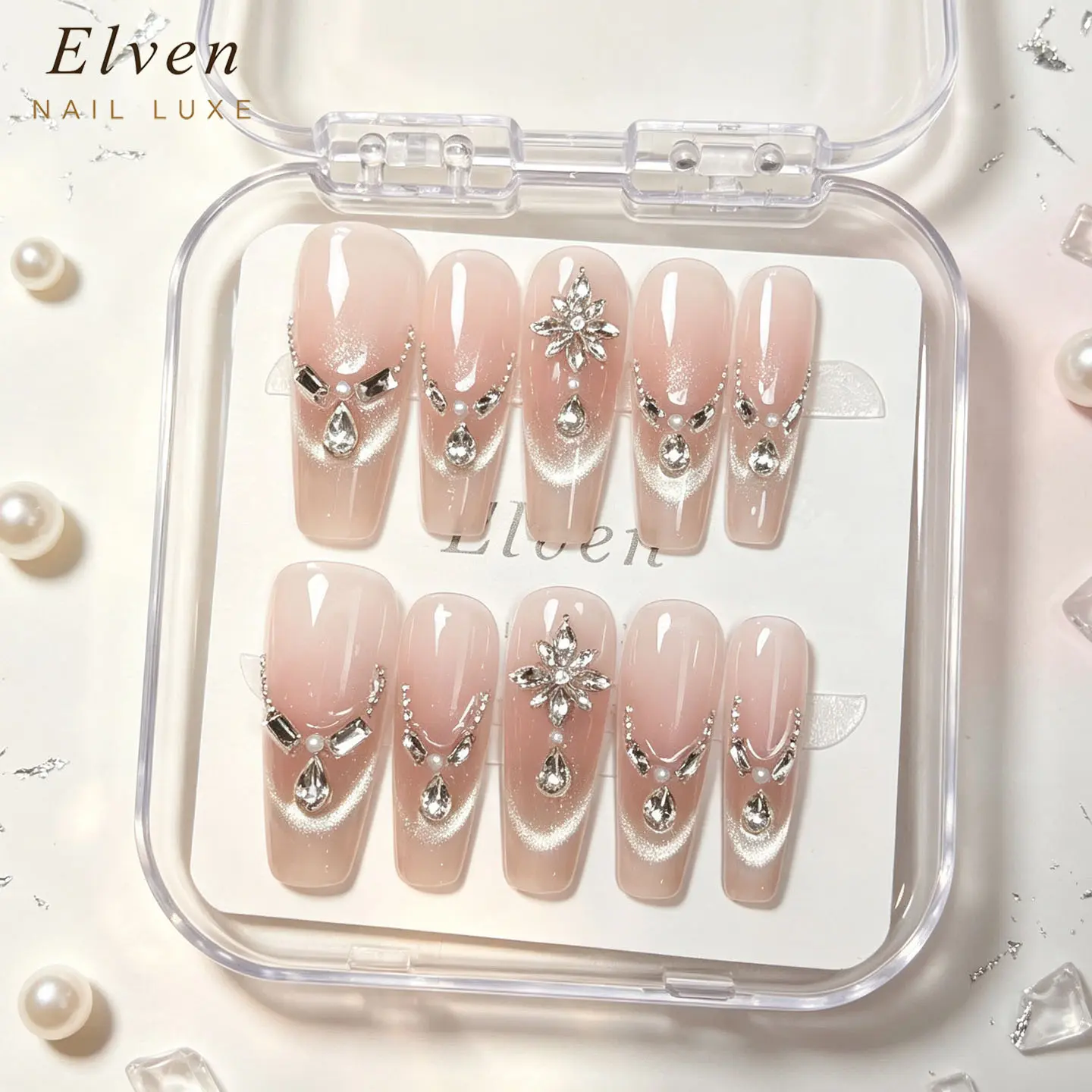Handmade Nude Pink Ombre Silver Cat Eye Press On Nails - Luxury Silver Floral & Teardrop Rhinestone Chain Accents, Long Coffin Reusable Fake Nails, Bridal Salon Quality