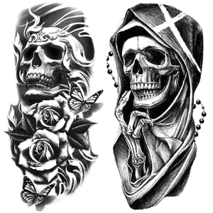 2 Halloween 3D Skull and Rose Temporary Tattoos, Realistic Waterproof Body Art for Men and Women, Arm and Leg Stickers