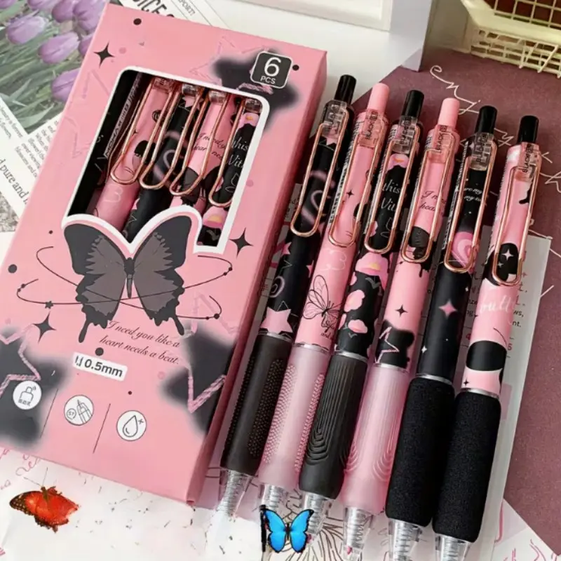 6-Piece Butterfly & Rose Design Retractable Gel Pens, Aesthetic Gel Pens, 0.5mm Fine Point, Smooth Writing Pens, Stationery for School, Office & Home