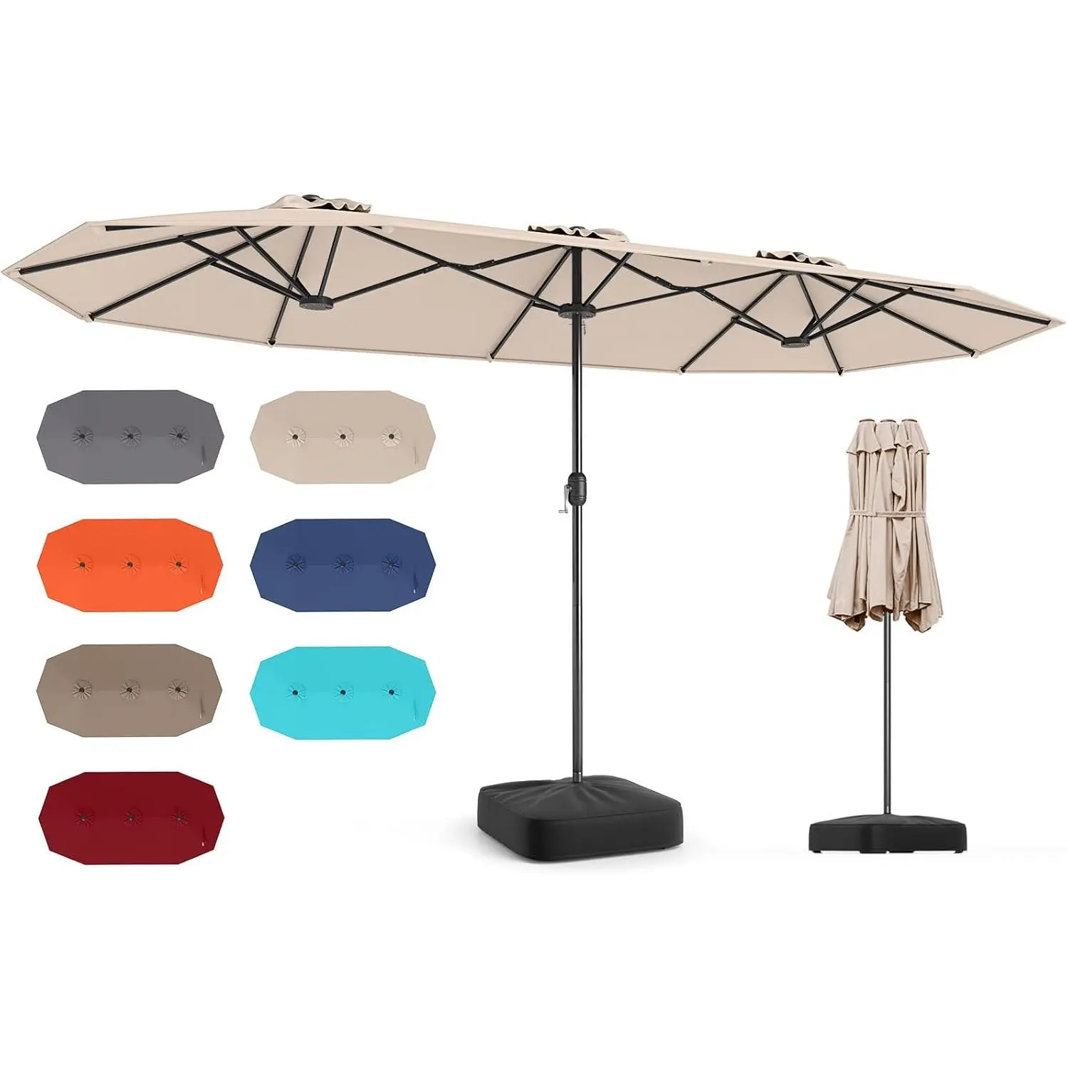 Vallmore 13FT Double-Sided Twin Terrace Parasol, Covers Both Table Sides, 12-Rib Vented Top, Crank Handle, Safety Lock & Fillable Weighted Base Included