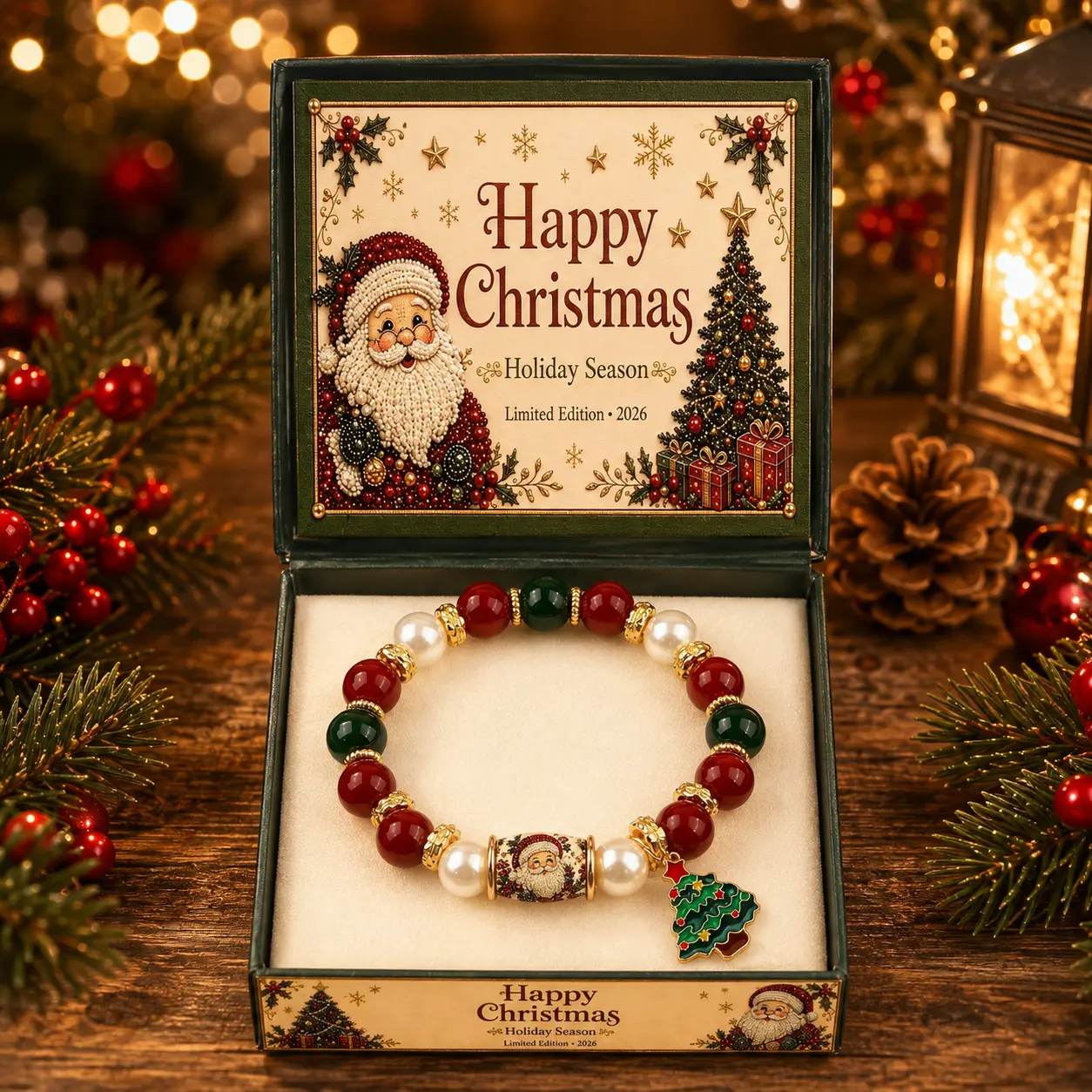 Vintage Santa Claus Beaded Bracelet with Christmas Tree Charm, Women Christmas Jewelry, Happy Christmas Gift Box Packaging, Xmas Holiday Gift