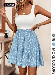 Women's 1pc  Colorblock Floral Two-Tone Tank Midi Dress, Square Neck Sleeveless Design & Ribbed Top Panel & Flowy Tiered Skirt & Elastic Waistband & Ditsy Floral Pattern & A-Line Silhouette, Spring Summer Casual Wear Fit