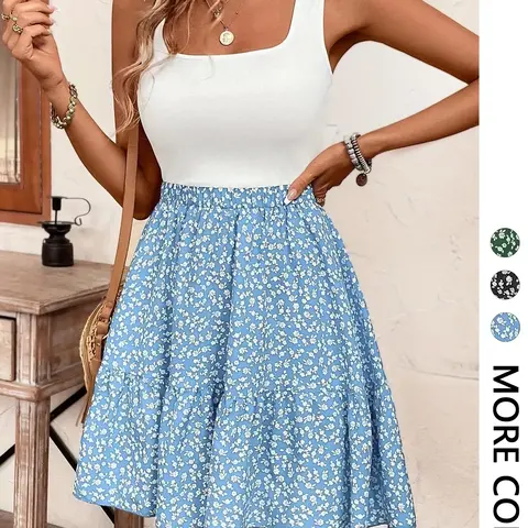 Women's One Piece Tank Midi Dress, Casual Wear, Casual Square Neck Sleeveless Design, Flowy Tiered Ditsy Floral Skirt, Elastic Waistband, A‑Line Silhouette