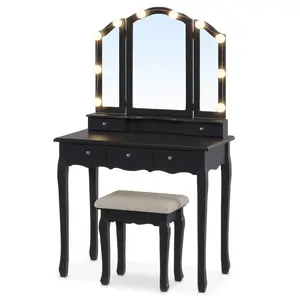 Makeup Vanity Set with LED Mirror Cushioned Stool Black