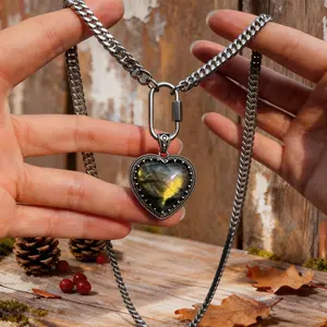 Personalized Cuban Paper Clip Thick Silver Color Chain Necklace Elegant Crystal Necklace with Fluorite Labradorite Amethyst Rose Quartz Obsidian for Everyday Wear or Perfect Gift Stainless Steel 20'’ Heart Shaped Pendant