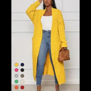 Women's Solid Color Textured Drop Shoulder Pocket Longline Cardigan, Casual Open Front Long Sleeve Knitwear for Fall & Winter, Women's Knit Clothing for Daily Wear, Lady Baggy Cardigans for Women, Womenswear, Comfy FabricGift