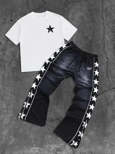 Two-Piece Set Men's Star Print Tee & Letter Print Pants, Loose Casual Fashion Comfy Breathable for Daily Outdoor Wear, Menswear for All Seasons, Casual Outfit Set