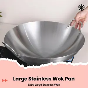 Stainless Steel Wok with Handle, Double Handle Design, Round Bottom Wok with Lid, Kitchen Cookware for Frying, Cooking, Baking, Kitchen Accessories, Durable Cookware, Kitchenware, Pans