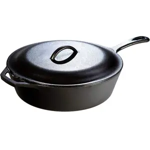 Pre-Seasoned Cast Iron Deep Skillet with Lid - Signature Teardrop Handle & Assist Handle - Use in the Oven, on the Stove or Grill, or Over a Campfire - Use to Sear, Sauté, Bake, Broil, Braise, Fry, or Grill - Black