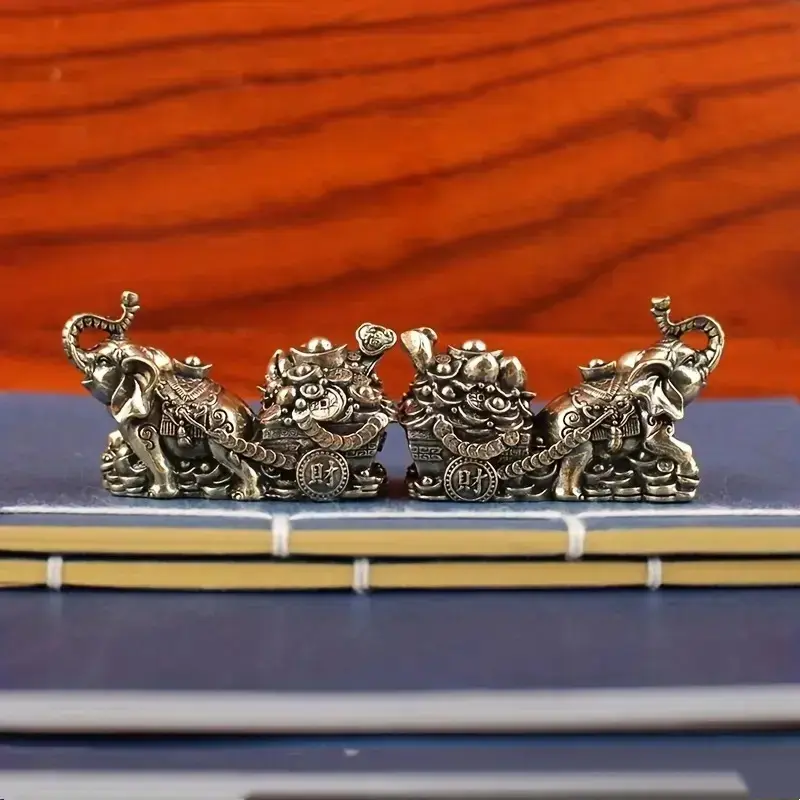 Vintage Metal Wealth Elephant Figurine, Mini Feng Shui Ornament Pulling Treasure Cart With Engraved Coins, Gold Ingots And Ruyi, Compact Desktop Collectible Wealth Symbol Decor Gift For Home Living Room Office Desk
