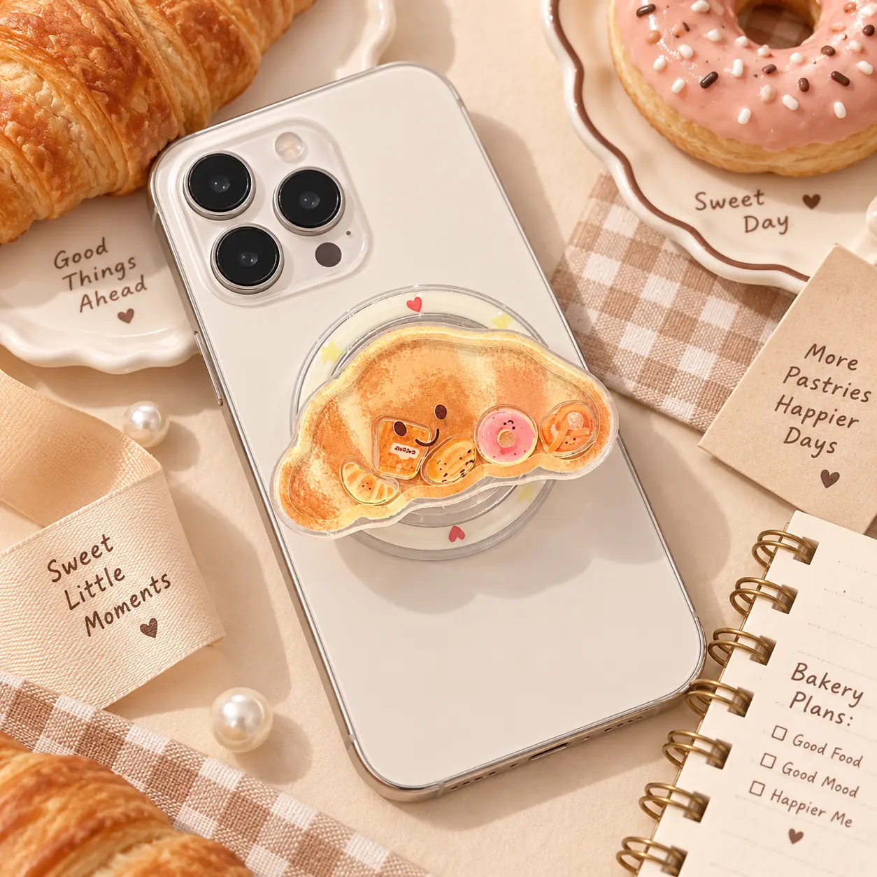 Cozy Croissant Liquid Shaker Phone Grip Kawaii Bakery Food Acrylic Phone Holder Cute Bread E-reader Stand Smartphone Desk Accessory With Sharp Print