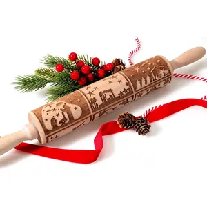 17” Engraved Nativity Christmas Rolling Pin – Deep Embossed 3mm Pattern | Artisan Wood Springerle Cookie Roller with 3-in-1 Cleaning Brush | Premium Holiday Baking Gift Set XINBADA