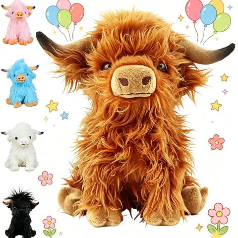 5PCS Highland Cow Stuffed Animal Realistic Scottish Cow Plush Toy Soft Farm Animal Cattle Plushie Doll Present for Adults Kids Boys Girls