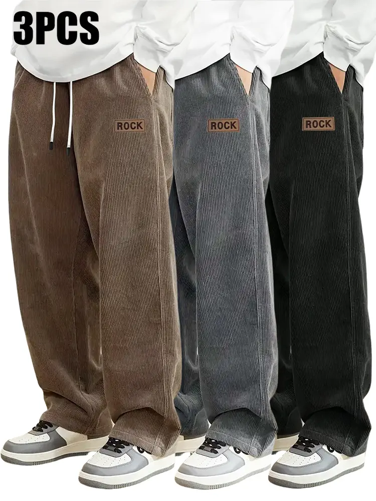 3-piece corduroy casual pants set, loose straight-leg fit, side pockets, multicolor options, vintage texture, everyday outfit set