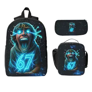 3pcs Lightning Superpower 67 Boy Print Backpack Set | Durable School Bag with Matching Lunch Box & Pencil Case, Neon Blue Fantasy Pattern for Teens, Lightweight Large Capacity with Laptop & Tablet Compartments, Zipper Closure, Adjustable Strap