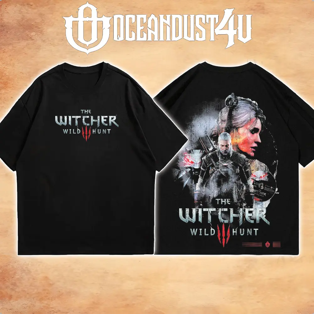 OceanMOB4U The Witcher 3 Wild Hunt Geralt and Ciri Black T-Shirt, Front and Back Graphic Gaming Tee, Fantasy RPG Video Game Shirt, Unisex Gamer Gift