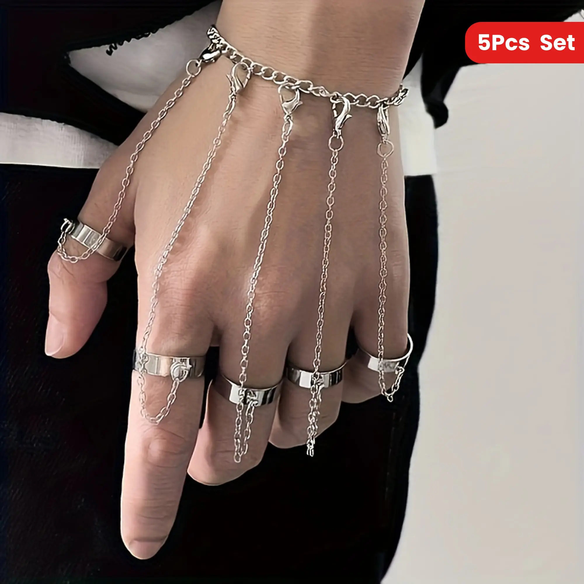 Fashion Finger Ring Bracelet for Men and Women Adjustable Open Band Ring with Connecting Chain Ring Set Trendy Hip Hop Street Style Combo Jewelry