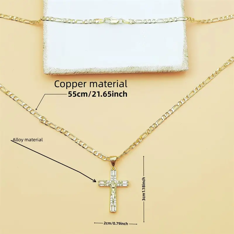 14K Gold Plated Cubic Zirconia Inlaid Jesus Crucifix Cross Necklace - 23.62in (60cm) Copper Figaro Chain, Christian Unisex Jewelry for Women, Men's Jewelry, Daily Wear, Gifts for Women