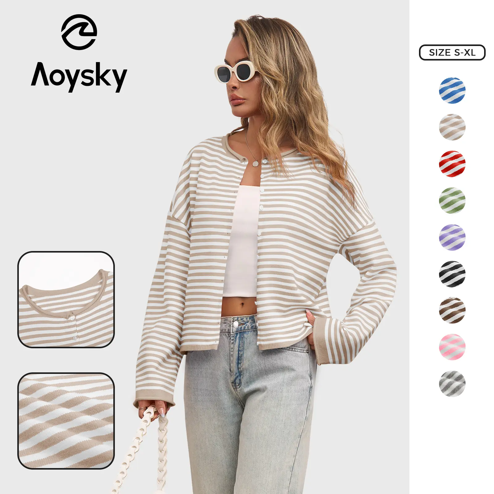 Aoysky Women's Lightweight Polyester Blend Knit Cardigan - Long-Sleeve, Collared, Striped, Open-Front, Button-Down, Medium-Length, Loose-Fit Basic Fall Top with Front Pocket