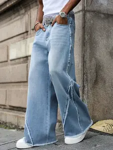 Manfinity EMRG Men's Street Style Frayed Patchwork Wide Leg Jeans Baggy Jeans Y2k Jeans Wide Leg Men Bell Bottom Jeans Loose Jeans Baggy Comfortable Frayed Hem Blue Street Going Out Distressed Jeans For Boyfriend & Husband