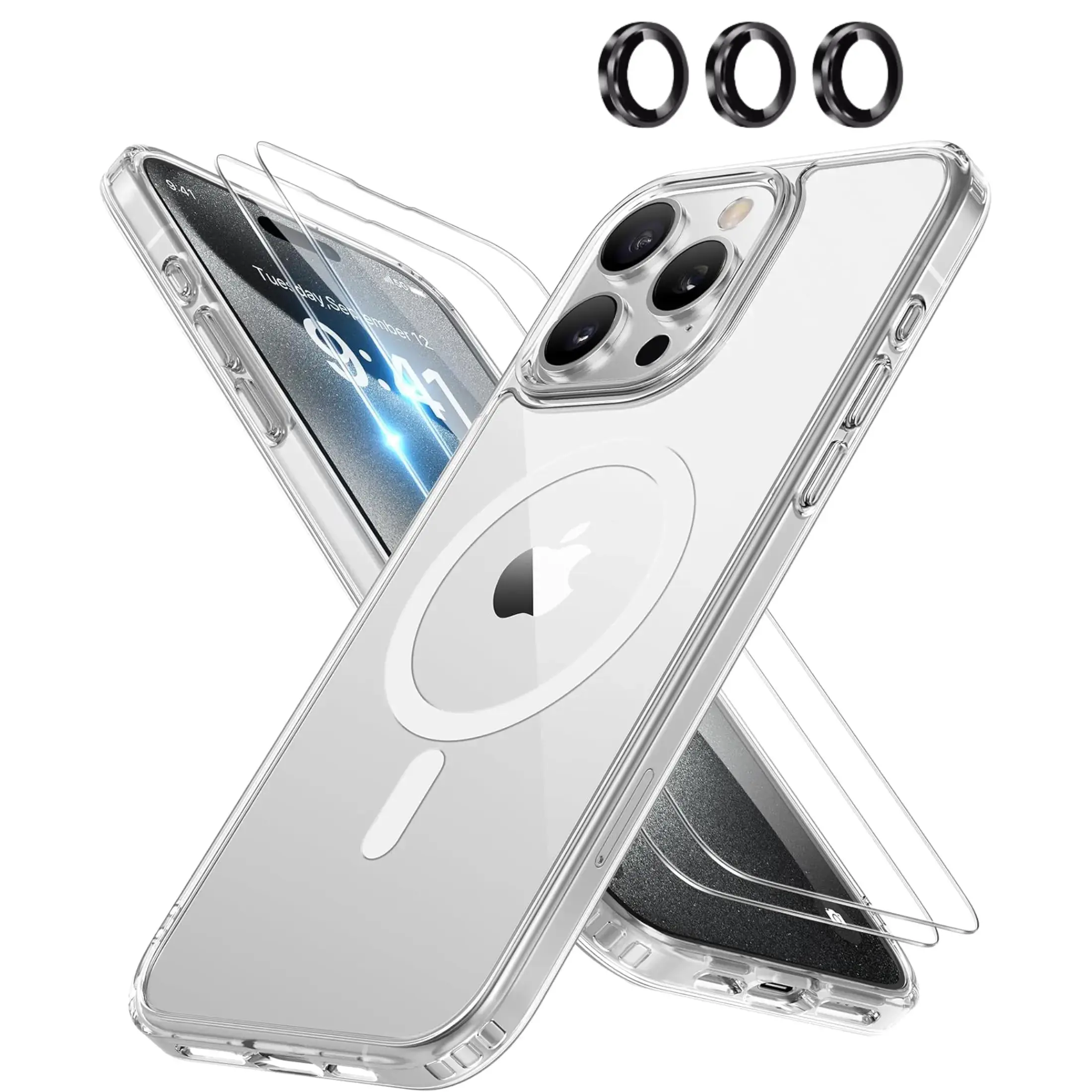 Entronix Bundle Compatible with iPhone 15 Pro - [Magnetic] Clear Case, 2 Clear Screen Protectors & 1 Metallic Camera Lens Protector