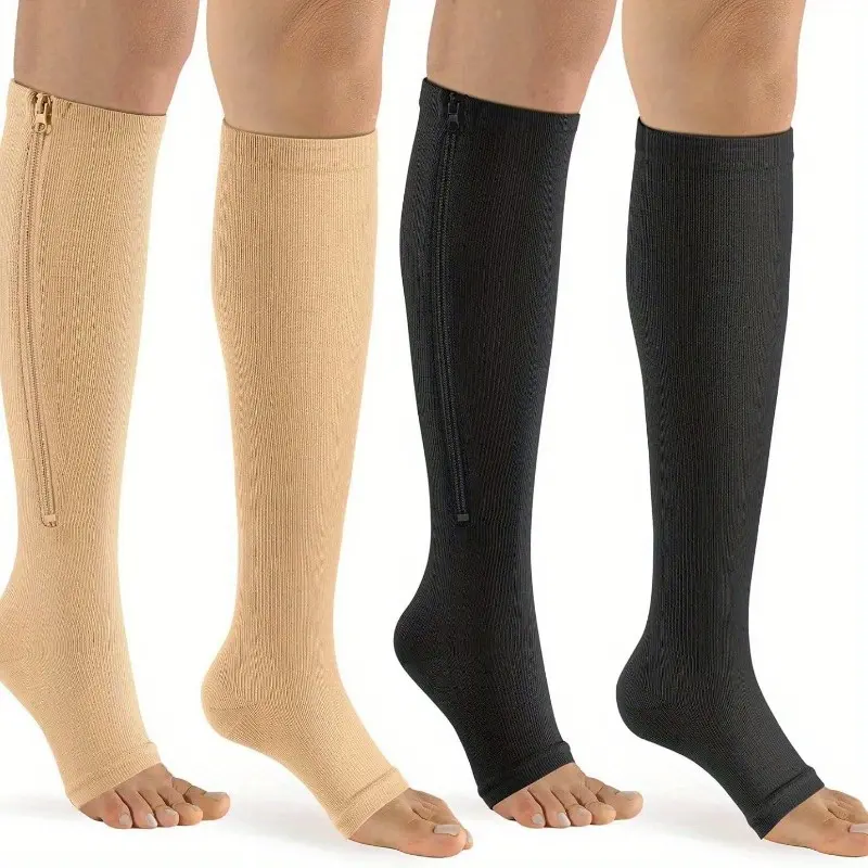 Women's 2 Pairs Compression Socks, Open Toe Thin Stretchy High Knee Zipper Socks, Anti-Fatigue Support for Athletes, Cycling, Compression Socks Women