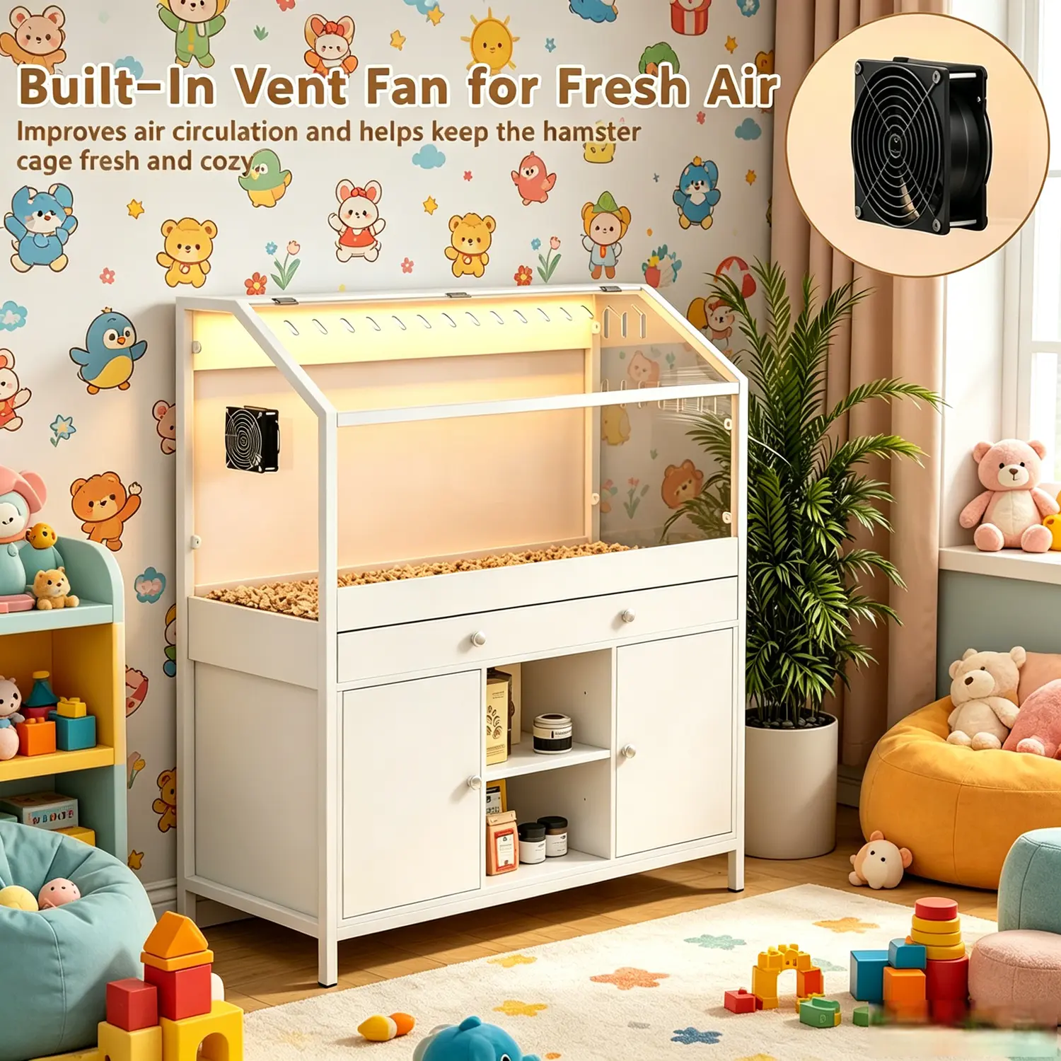 Large Hamster Cage 2.0 with Storage Cabinet, 43.3in Small Animal Habitat with LED Lights, Fan & Easy-View Acrylic Panel for Hamsters, Guinea Pigs