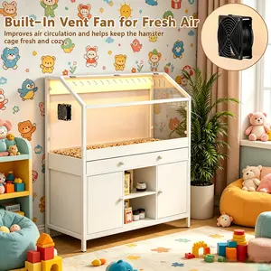 Large Hamster Cage 2.0 with Storage Cabinet, 43.3in Small Animal Habitat with LED Lights, Fan & Easy-View Acrylic Panel for Hamsters, Guinea Pigs