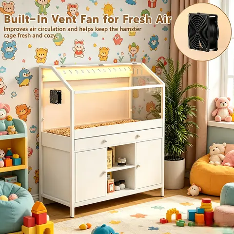 Proper Hamster Cage 2.0 - 43.3in Small Animal Habitat with Built-in Vent Fan, Large Storage Capacity Cabinet, LED Lights, Easy-View Acrylic Panel, Adjustable Shelves
