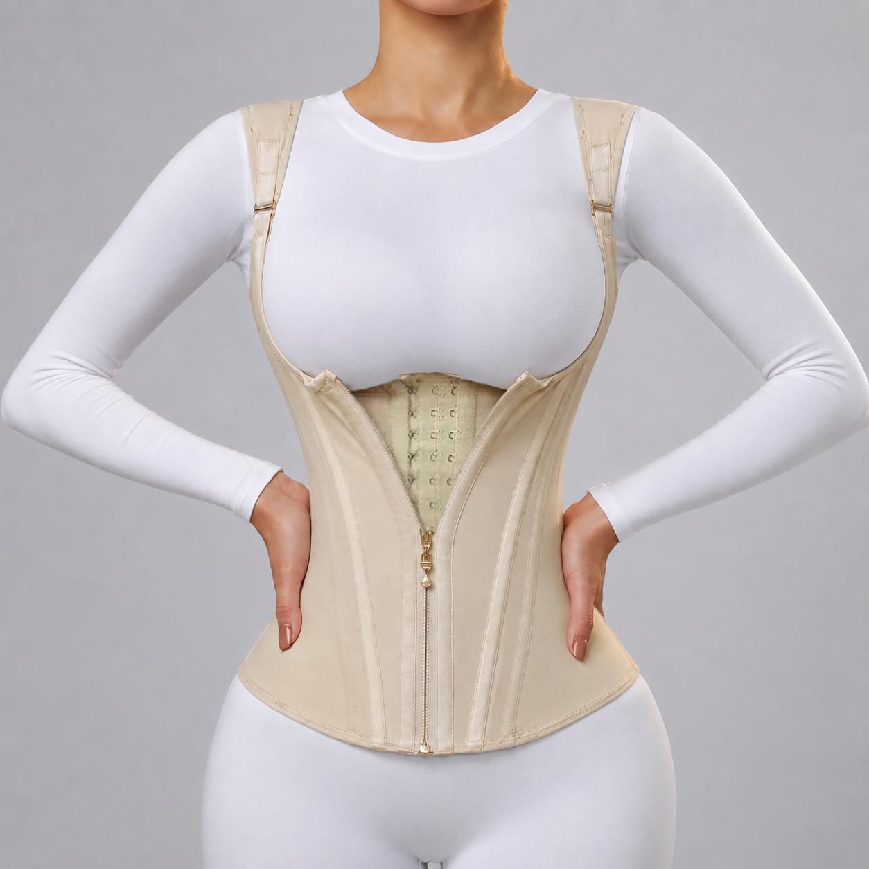 Women's Compression Corset Shapewear Top - Nylon Blend, Breathable Mesh High-Stretch Vest with Steel Bones, U-Shaped Chest, Adjustable Zipper, Hooks, Straps for Tummy Smoothing, Waist Trainer