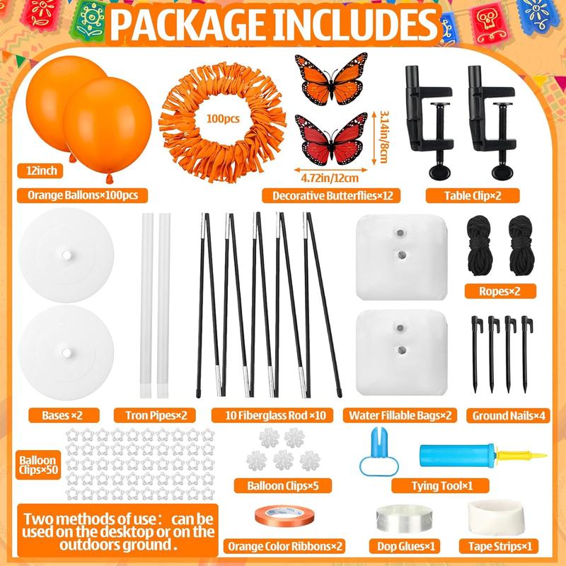 Dia De Los Muertos Decorations Set 12ft Day of The  Marigold Balloon Arch Stand Kit 100 Balloons 2 Balloon Stands Water Fillable Bases 12 count  Butterfly Decor for Dia De Los Muertos Altar Decor