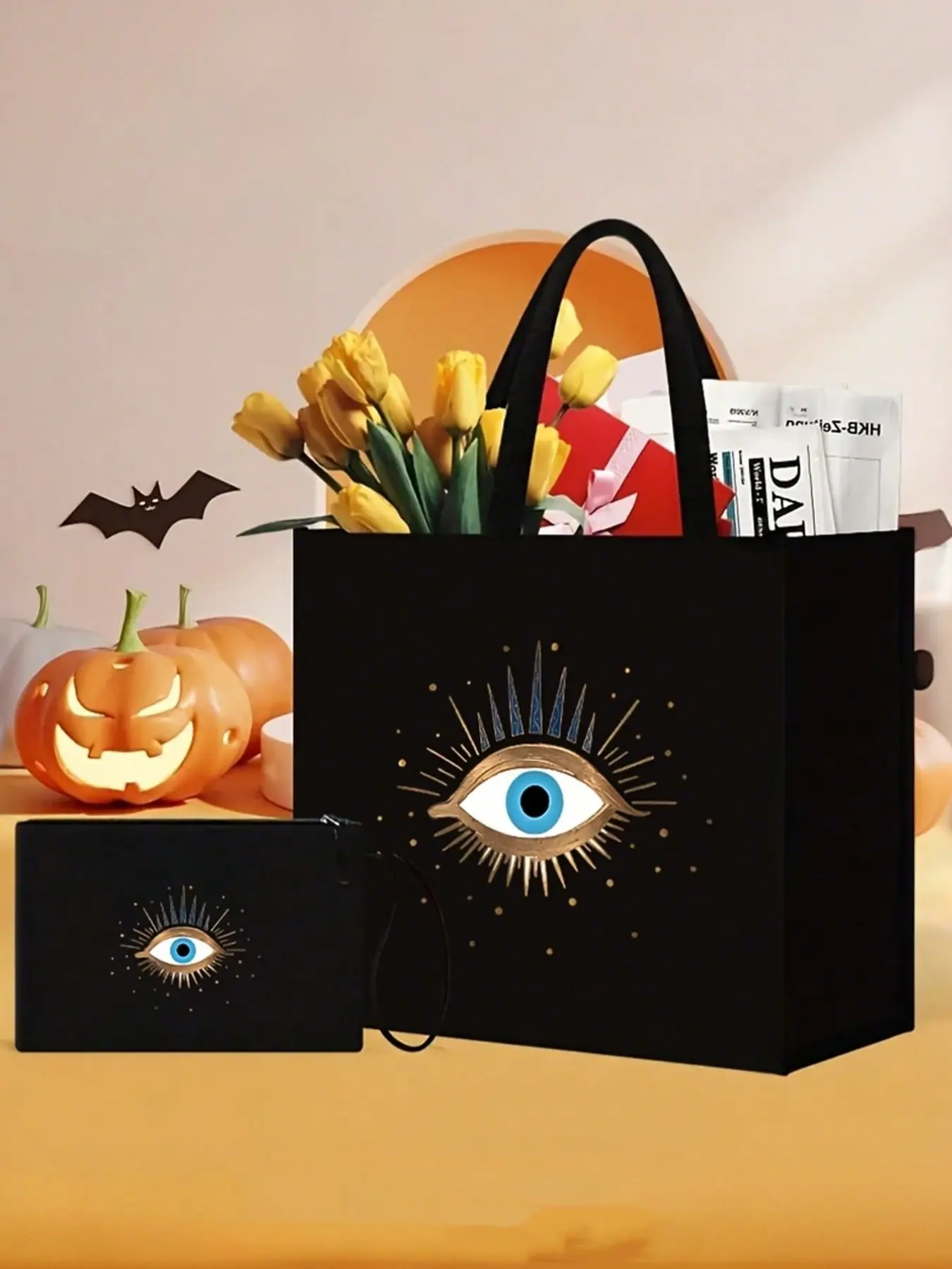 Demon Eye Theme Handbag and Makeup Bag Set, Large Capacity Linen Shoulder Bag, Multifunctional Travel Bag for Daily Commute