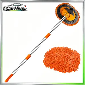 47.5 "Car Wash Brush Mop Cleaning Tool with Long Handle Kit for Washing Detailing Cars Truck, SUV, RV, Trailer, Boat 2 in 1 Chenille Microfiber Sponge Duster Not Hurt Paint Scratch Free Cleaner