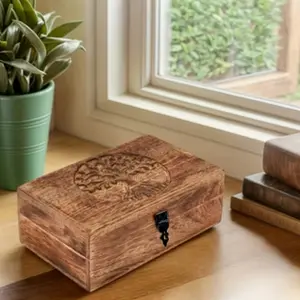 Vintage handcrafted Paulownia Tree of Life carved exquisite souvenir box jewelry storage box, Lockable Organizer, a unique gift for men and women (flame treatment technology). Suitable as a birthday, engagement, or housewarming gift, for storing items