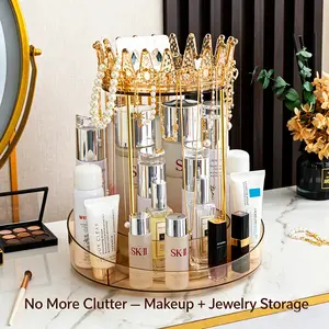 360° Rotating Makeup Organizer, Crown Design Vanity Storage for Cosmetic Bottles & Jewelry, Large Capacity 2-Tier Organizer