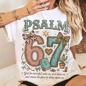 Western Psalm 67 Six Seven Tshirt, Coquette Christian Bible Verse Shirt, Turquoise Brown Bow Trend Tee
