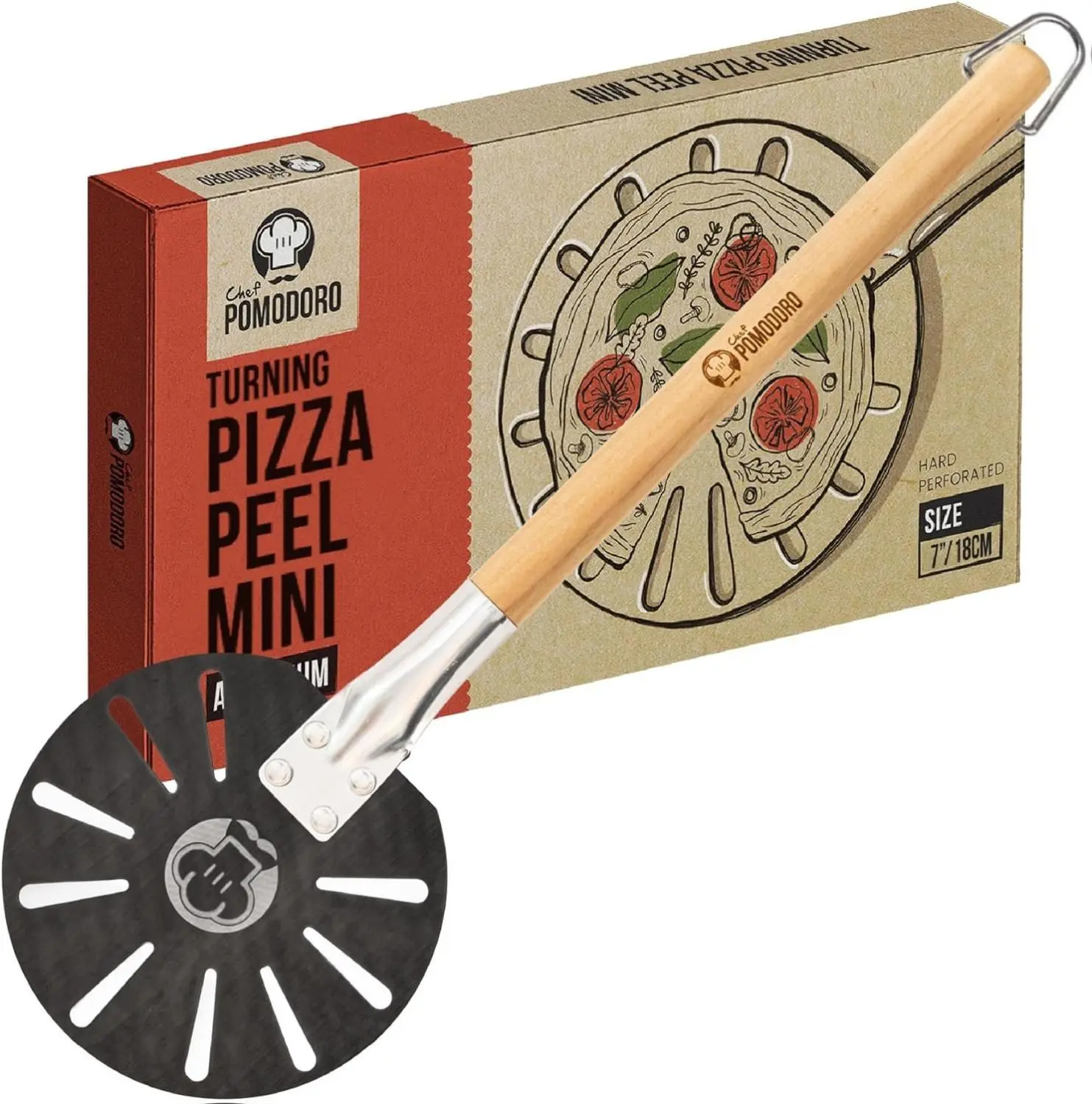 Chef Pomodoro Pizza Turning Peel Aluminium with Wood Handle for Easy Storage, Perforated Pizza Peel Turner, Gourmet Luxury Pizza Paddle for Baking Homemade Pizza Bread, Pizza Turner (7-Inch)
