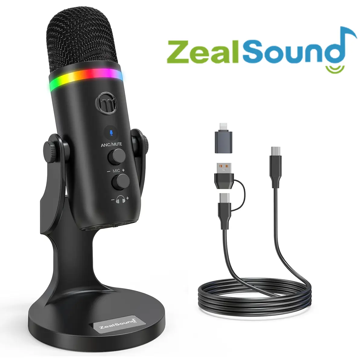 ZealSound K66 Pro Wired RGB Condenser Microphone - Audio Cable Included, Noise Cancellation, Touch Mute, Gain, Echo Monitoring, Customizable RGB Lighting for Gaming, Content Creators, PC, Mac, Smartphones